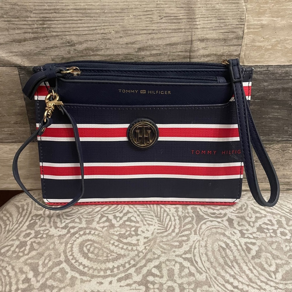 Tommy Hilfiger Striped wristlet Bag with Removable Wristlet Navy Blue Red White